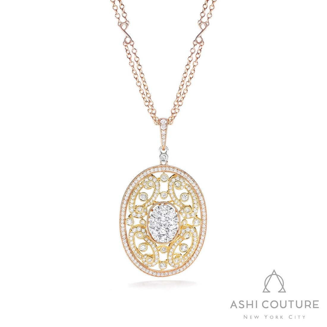 2.37 ctw White Diamond Fiori Oval Cluster 18K Tri-Color Gold Pendant: A symphony of light and color, this magnificent Fiori Oval Cluster pendant featuring White Diamond embodies the pinnacle of luxury. Securely held in a classic Halo design, the pendant is forged from 1
