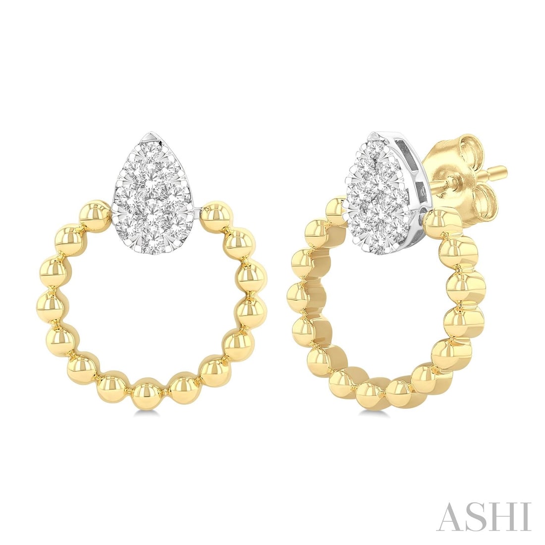 0.25 ctw Diamond Pear Cluster 10K Yellow & White Gold Earrings: Defining modern elegance, this stunning Pear Shape Cluster pair of earrings featuring White Diamonds captures the essence of style. The gemstones are nestled within a Cluster framework, supported by a