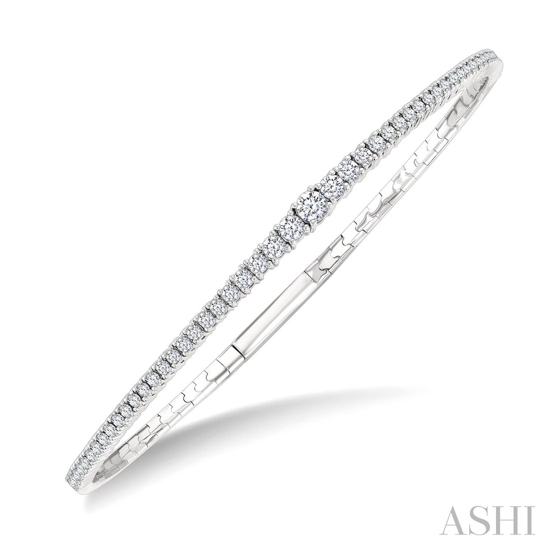 1.03 ctw Graduated Diamond Flex Bangle in 14K White Gold: A symphony of light and color, this breathtaking Halfway Graduated Flex bangle featuring White Diamond embodies the pinnacle of luxury. Securely held in a classic Line/Row Setting design, the bangle i