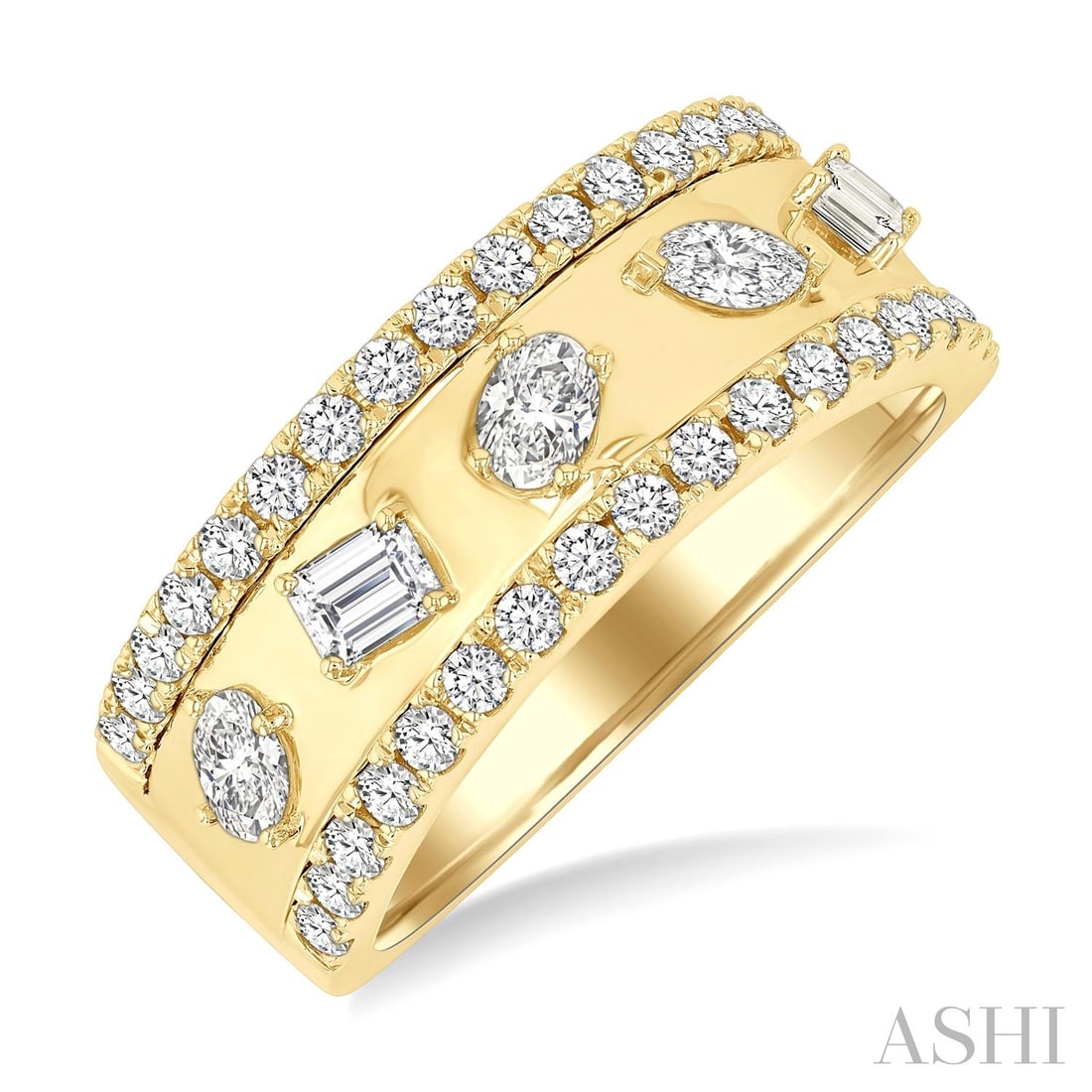 0.95 ctw Mixed Shape Diamond 5-Stone 14K Yellow Gold Band Ring: A testament to superior craftsmanship, this exquisite 5-Stone Mixed Shape ring featuring White Diamond is unparalleled. Crafted with precision, the Fashion Band setting is seamlessly integrated into 5