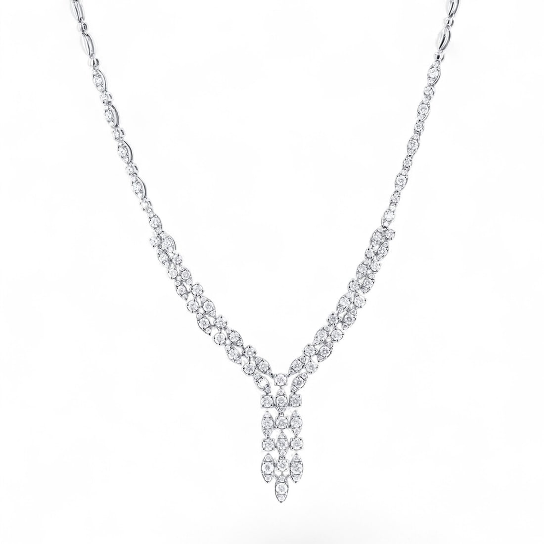 3.16 Ctw Triple Row Drop Diamond Modern 14K White Gold Necklace - Certified: Exuding opulence and grace, this magnificent Triple Row Drop necklace featuring Natural Diamonds is crafted for the distinguished. Crafted with precision, the Cluster setting is seamlessly integrated 