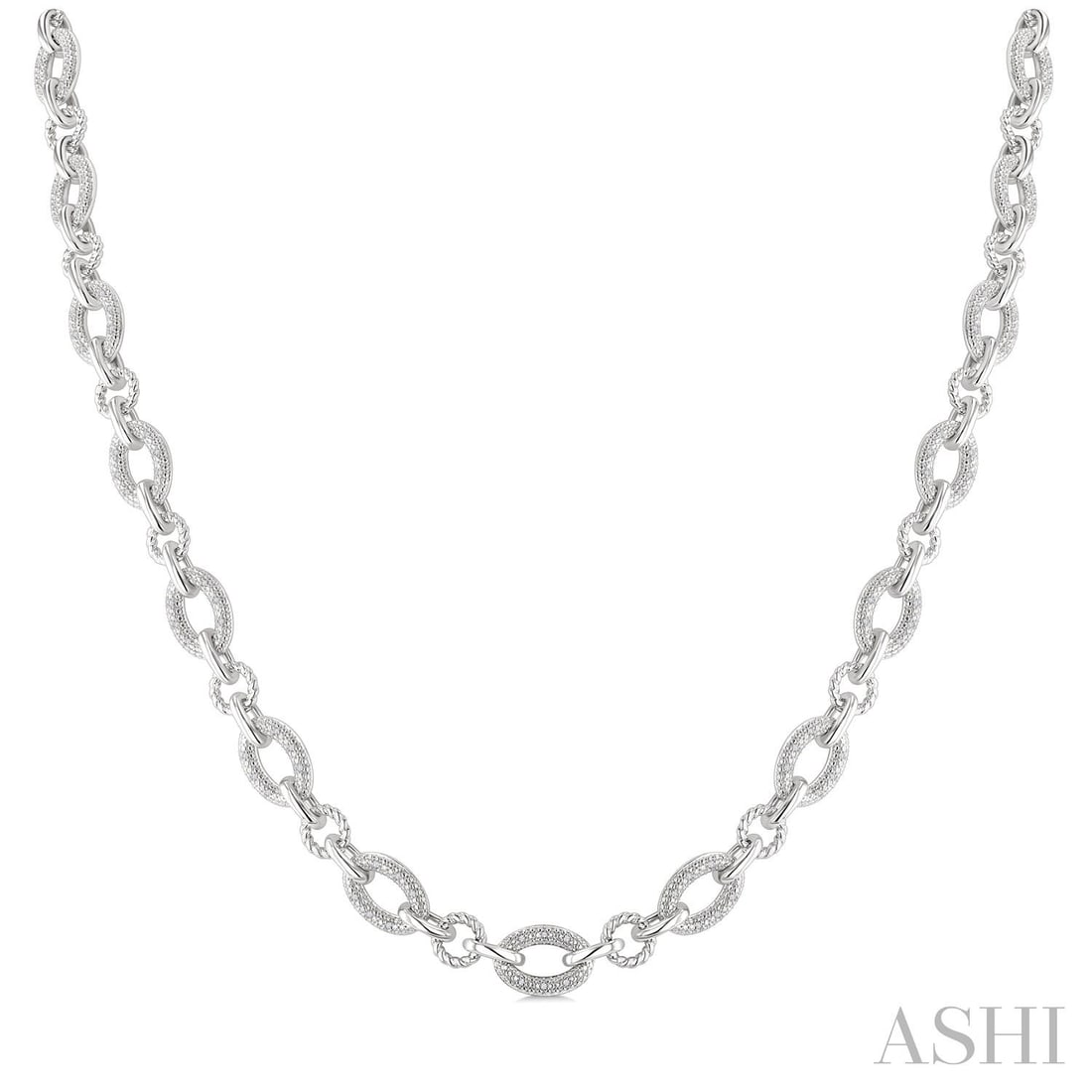 0.25 ctw Diamond Bold Oval Rope Link Sterling Silver Necklace: Timeless and sophisticated, this elegant Bold Oval Shape Rope Link necklace featuring White Diamond radiates enduring beauty. Securely held in a classic Link Chain design, the necklace is forged from 