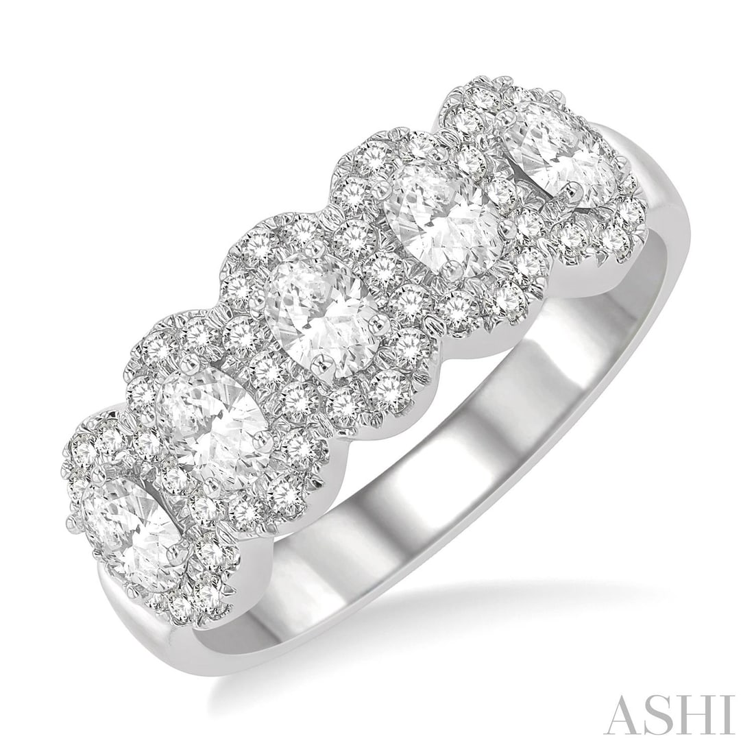 1.03 ctw 5-Stone Oval Diamond Halo 14K White Gold Band Ring: A testament to superior craftsmanship, this magnificent Halo band ring featuring White Diamond is unparalleled. A detailed Halo gallery secures the stones, rendered in 4.5 grams of lustrous 14K White 