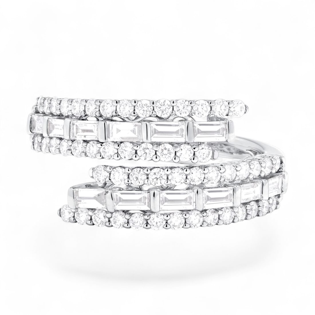 1.27 Ctw Duchess Swirl White Diamond Modern 18K White Gold Ring - Certified: An exquisite masterpiece of haute joaillerie, this magnificent Duchess Swirl ring featuring Natural Diamonds is a true treasure. Crafted with precision, the Bypass setting is seamlessly integrated int