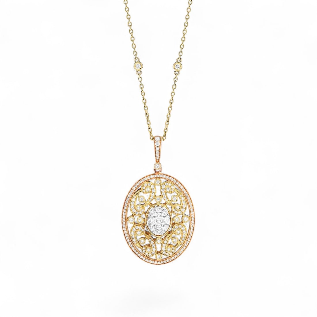 1.8 Ctw Fiori Oval Cluster White Diamond Modern 18K Tri-Color Gold Pendant - Certified: Captured in a moment of brilliance, this magnificent Fiori Oval Cluster pendant featuring Natural Diamonds speaks to the connoisseur. Securely held in a classic Pave design, the pendant is forged from