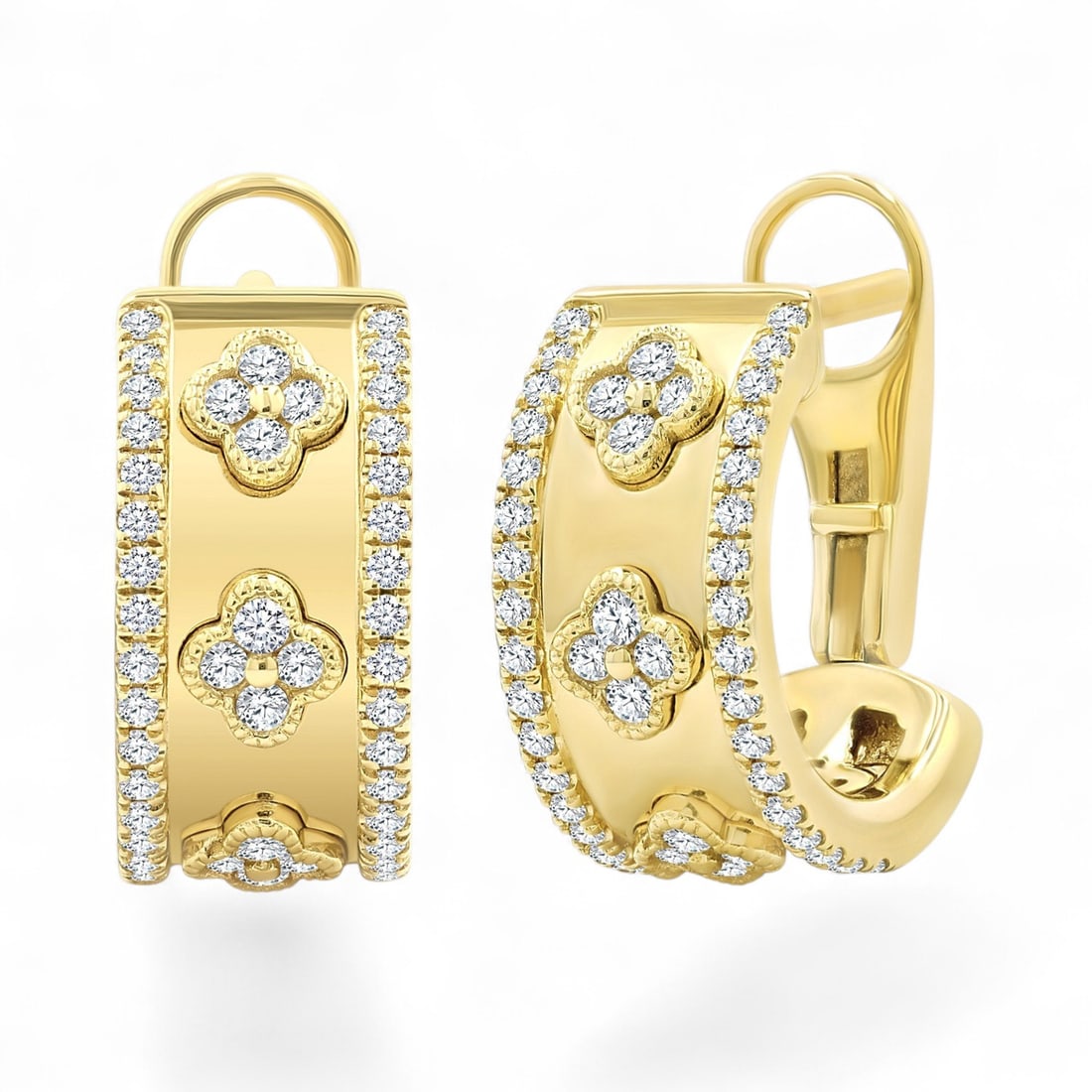 0.53 Ctw Clover Fashion Hoop White Diamond Modern 14K Yellow Gold Earrings - Certified: A symphony of light and color, this stunning Clover Fashion Hoop pair of earrings featuring Natural Diamonds embodies the pinnacle of luxury. Securely held in a classic Hoop design, the earrings are f
