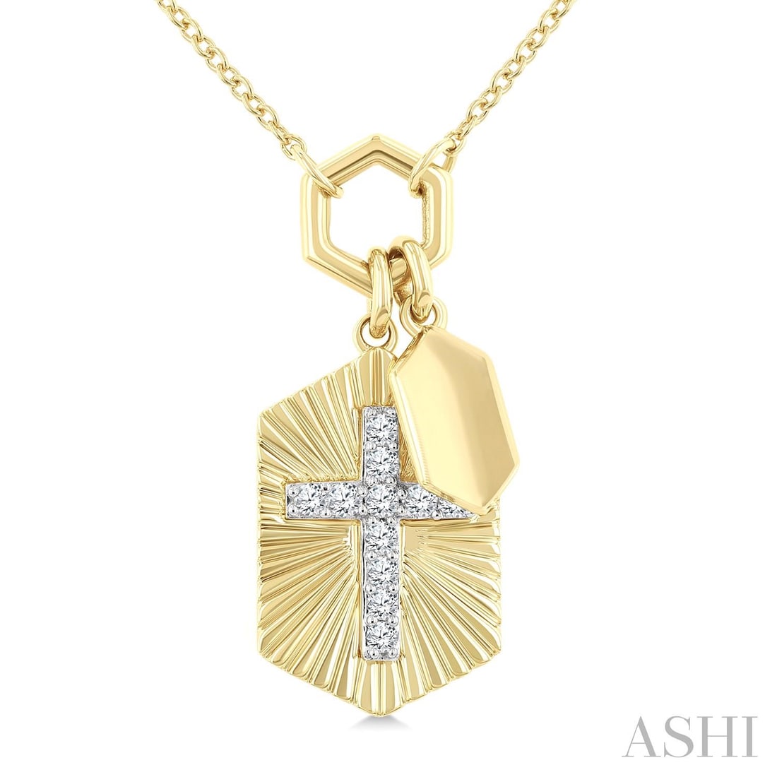 0.12 ctw White Diamond 10K Yellow and White Gold Pendant Necklace: Exuding opulence and grace, this elegant Cross Charm Fluted Round Cut pendant necklace featuring White Diamond is crafted for the distinguished. Showcasing the gems in a Pendant arrangement, the penda