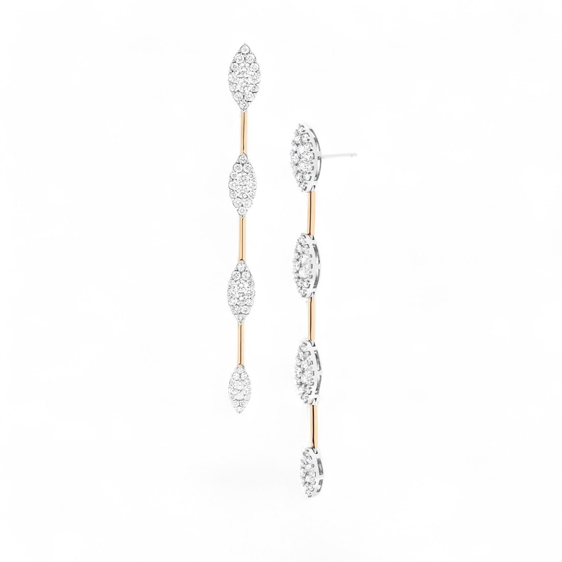 1.62 Ctw White Diamond 18K Yellow & White Gold Earrings - Certified: An exquisite masterpiece of haute joaillerie, this stunning Fiori Marquise Bar 4 Station Cluster pair of earrings featuring Natural Diamonds is a true treasure. A detailed Cluster gallery secures the 