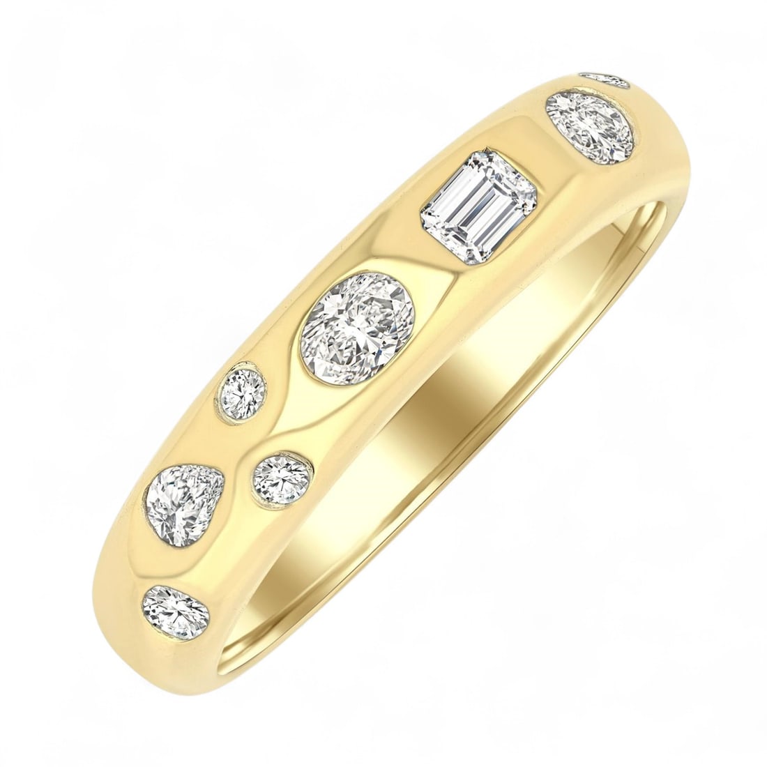 0.39 Ctw Bezel Set Mixed Shape Fashion White Diamond Modern 14K Yellow Gold Ring - Certified: An exquisite masterpiece of haute joaillerie, this magnificent Bezel Set Mixed Shape Fashion ring featuring Natural Diamonds is a true treasure. Showcasing the gems in a Bezel arrangement, the ring co