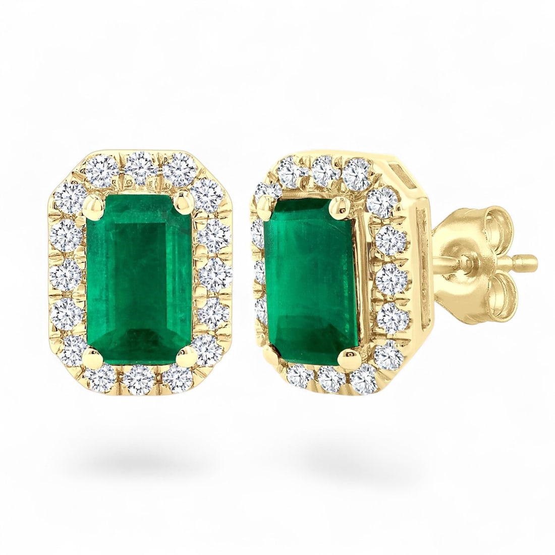 5x3 MM Emerald and 0.14 CTW Halo White Diamond Modern 10K Yellow Gold Earrings - Certified: A symphony of light and color, this stunning Halo pair of earrings featuring Natural Diamonds, Emeralds embodies the pinnacle of luxury. Securely held in a classic Halo design, the earrings are forged