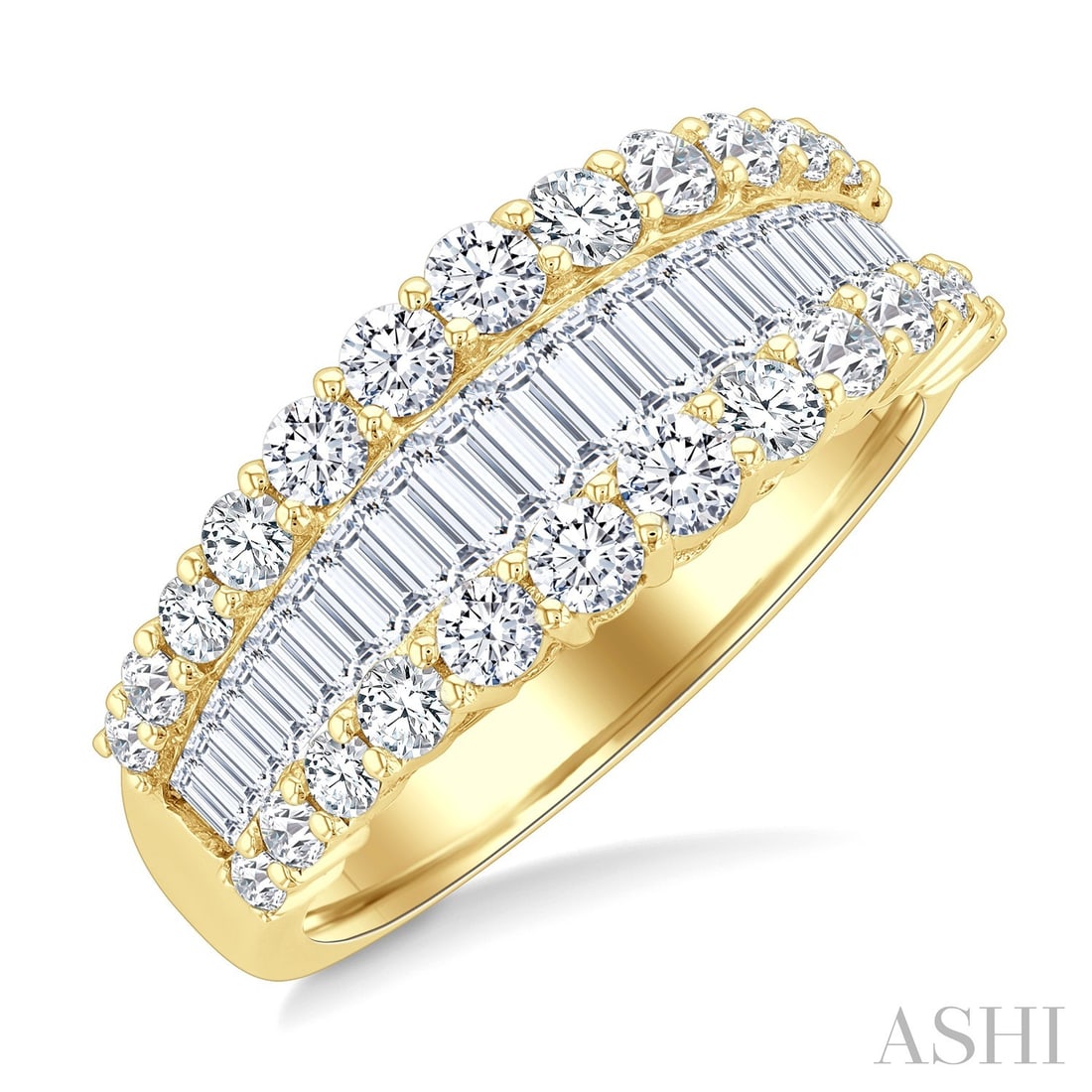 1.57 ctw Baguette & Round Diamond 14K Yellow Gold Band Ring: Rare and radiant, this magnificent Multi-Row ring featuring White Diamond offers a touch of the extraordinary. Crafted with precision, the Multi-Row Band setting is seamlessly integrated into 4.35 gra