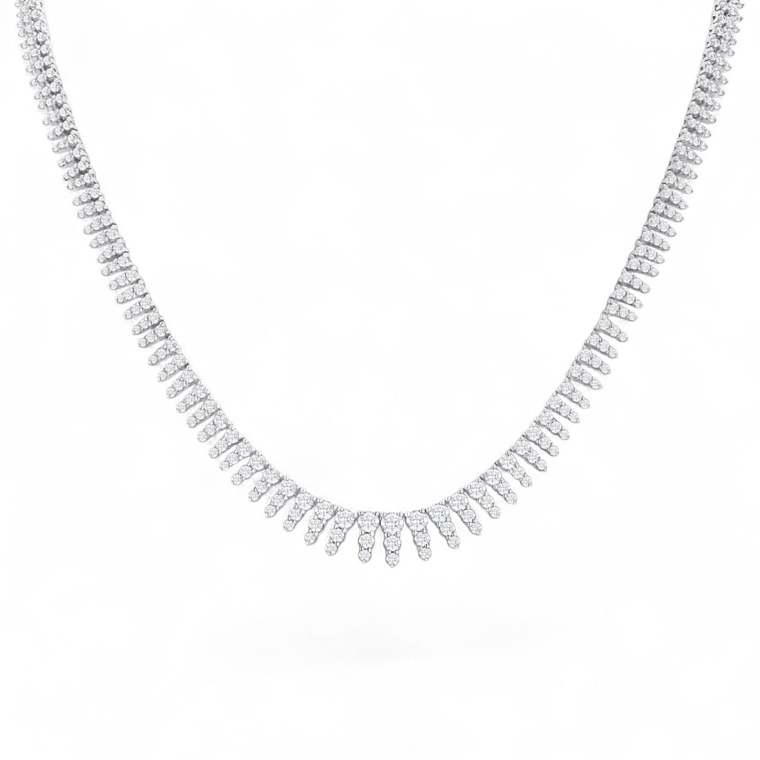 5.01 Ctw Graduated Round Cut Waterfall White Diamond Modern 14K White Gold Necklace - Certified: Defining modern elegance, this breathtaking waterfall necklace featuring Natural Diamonds captures the essence of style. The gemstones are nestled within a Prong framework, supported by a substantial 
