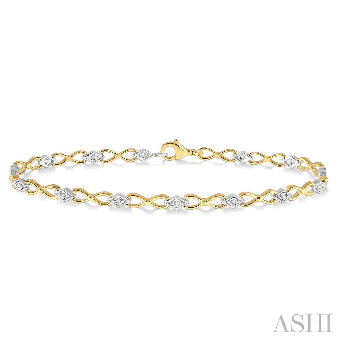 0.10 ctw Illusion Diamond 10K Yellow & White Gold Link Bracelet: An exquisite masterpiece of haute joaillerie, this exquisite Illusion Plate Link bracelet featuring White Diamond is a true treasure. Showcasing the gems in a Illusion arrangement, the bracelet consis