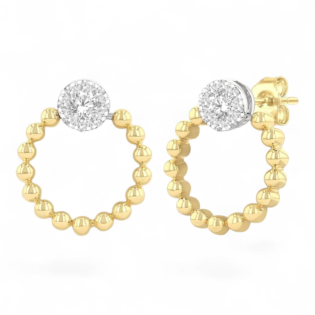 0.24 Ctw Cluster Bead Shank Round Shape White Diamond Modern 10K Yellow And White Gold Earrings -: An exquisite masterpiece of haute joaillerie, this stunning Cluster Round Shape pair of earrings featuring Natural Diamonds is a true treasure. Showcasing the gems in a Cluster arrangement, the earrin