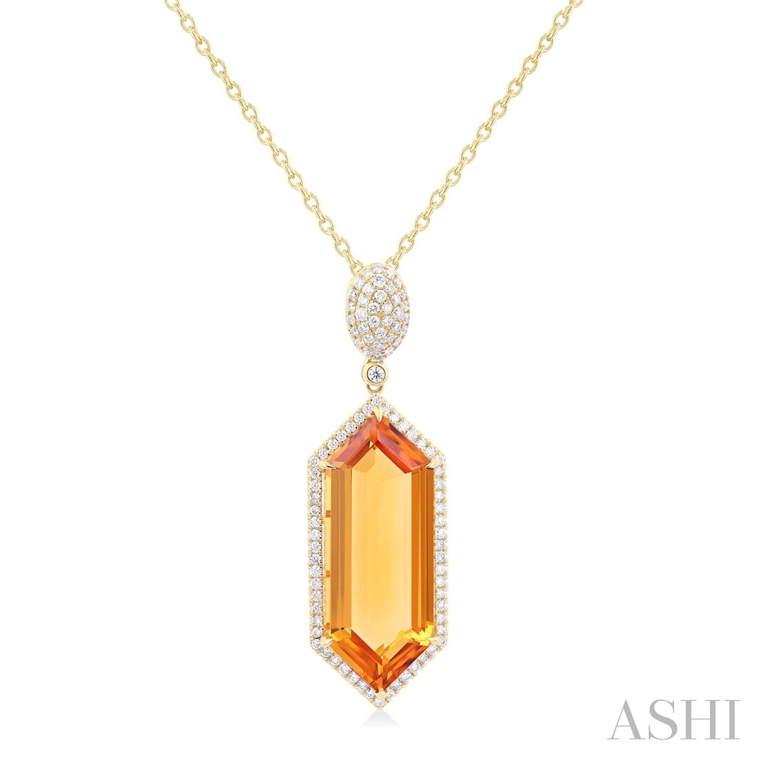 26x10mm Hexagon Citrine and 0.53 ctw Diamond Halo 14K Yellow Gold Pendant: Exuding opulence and grace, this breathtaking Halo pendant featuring Citrine, White Diamond is crafted for the distinguished. Crafted with precision, the Halo setting is seamlessly integrated into 2.8