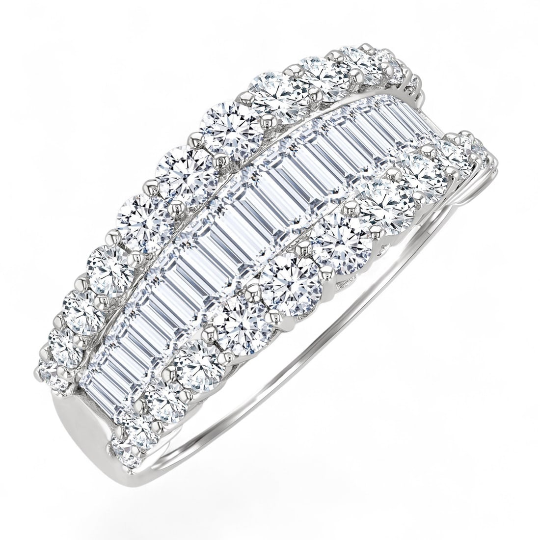 2.42 Ctw Baguette And Round Cut Diamond Fashion Modern 14K White Gold Ring - Certified: A vision of luxury, this stunning Baguette and Round Cut Diamond Fashion ring featuring Natural Diamonds defines sophistication. Securely held in a classic Multi-row Band design, the ring is forged fr