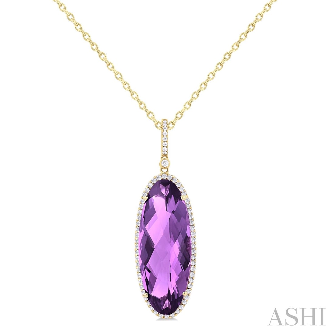 26x10mm Amethyst and 1/3 ctw Diamond 14K Yellow Gold Pendant: Timeless and sophisticated, this stunning Halo pendant featuring Amethyst, White Diamond radiates enduring beauty. Securely held in a classic Halo design, the pendant is forged from 2.5 grams of high-