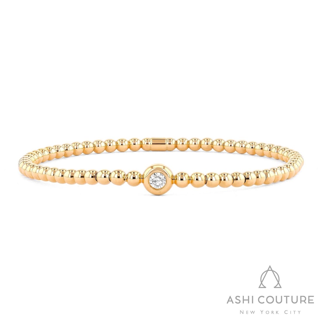 0.10 ctw Diamond Bezel Stretch Bracelet 18K Yellow Gold: Exuding opulence and grace, this elegant Bead bracelet featuring White Diamond is crafted for the distinguished. Crafted with precision, the Solitaire setting is seamlessly integrated into 6.5 grams o