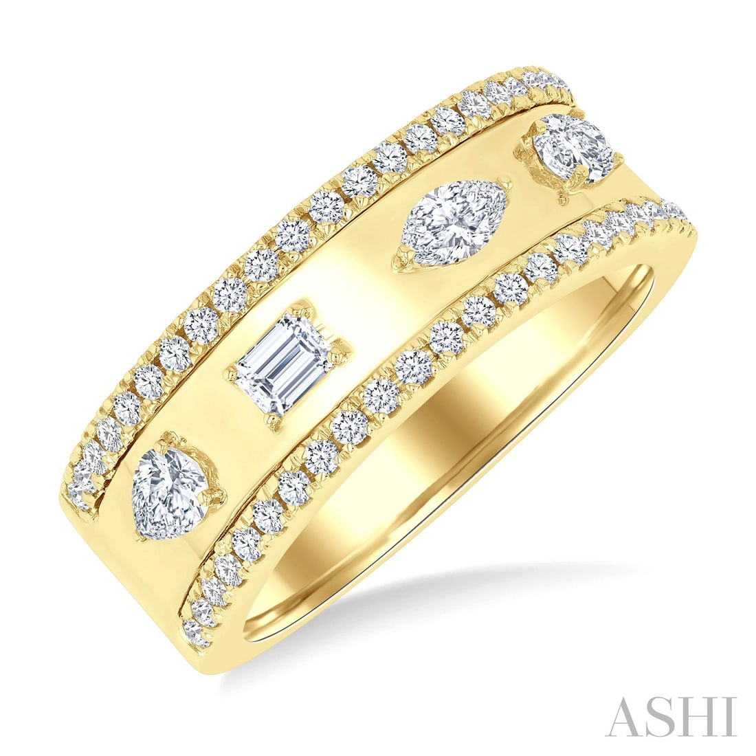 0.69 ctw Mixed Shape Diamond Wide Band 14K Yellow Gold Ring: Defining modern elegance, this magnificent Mixed Shape Wide Band ring featuring White Diamond captures the essence of style. Expertly mounted in a Wide Band setting, the ring is crafted in 6.35 grams 