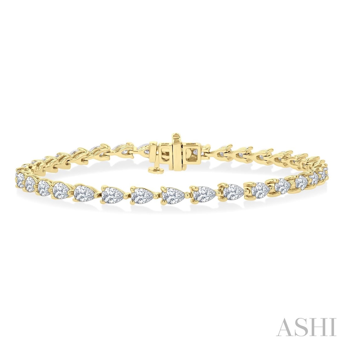 4.08 ctw Pear Cut Diamond East West Setting 14K Yellow Gold Tennis Bracelet: A symphony of light and color, this breathtaking East West Pear Cut bracelet featuring White Diamond embodies the pinnacle of luxury. Securely held in a classic Tennis design, the bracelet is forged f