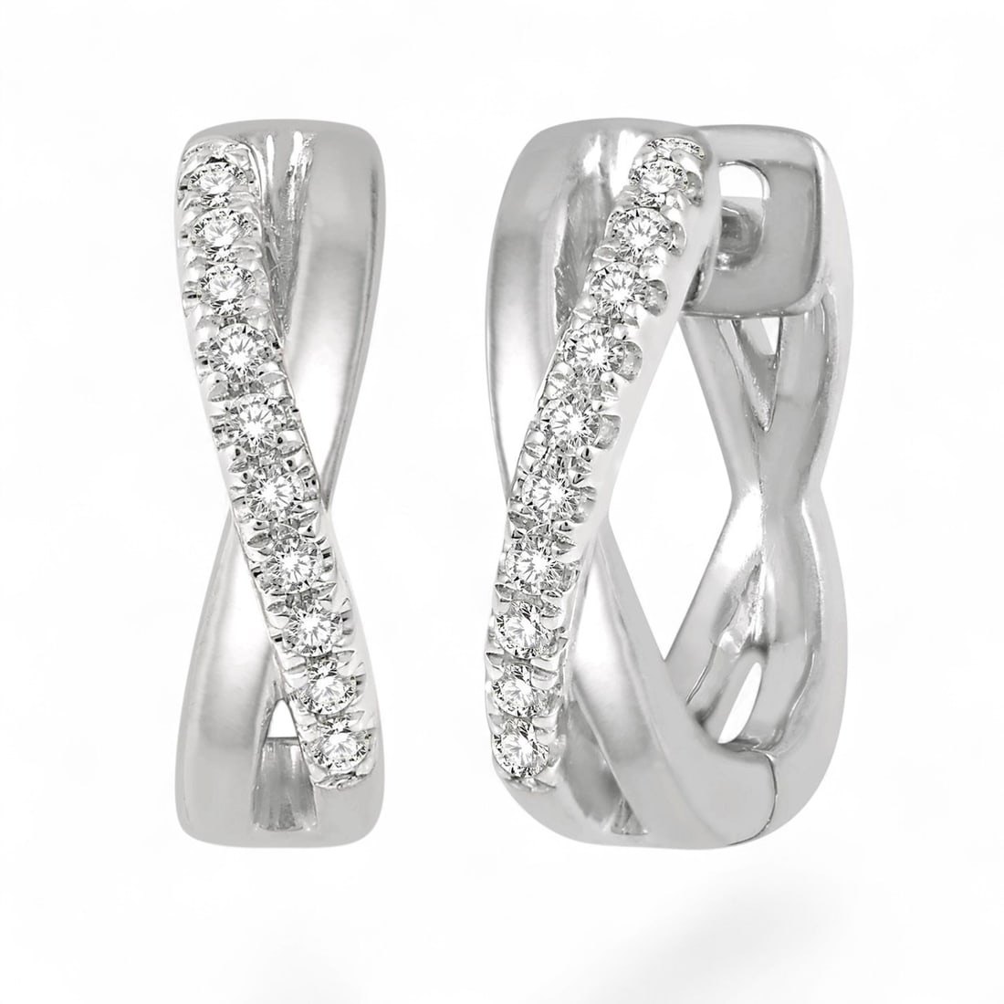 0.1 Ctw Split Intersecting Arms Huggie Petite White Diamond Modern 10K White Gold Earrings -: Rare and radiant, this stunning Split Intersecting Arms Huggie Petite pair of earrings featuring Natural Diamonds offers a touch of the extraordinary. Showcasing the gems in a Pave arrangement, the ea