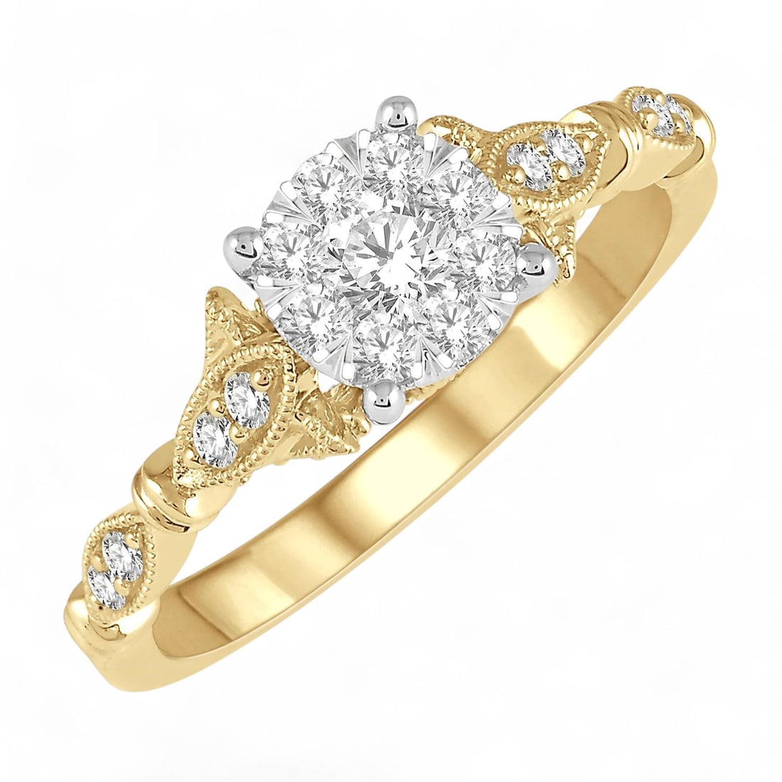 0.49 Ctw Marquise Shank Circular Mount Cluster White Diamond Modern 14K Yellow And White Gold Ring -: Captured in a moment of brilliance, this magnificent Cluster lattice diamond ring featuring Natural Diamonds speaks to the connoisseur. Expertly mounted in a Cluster setting, the ring is crafted in 3.