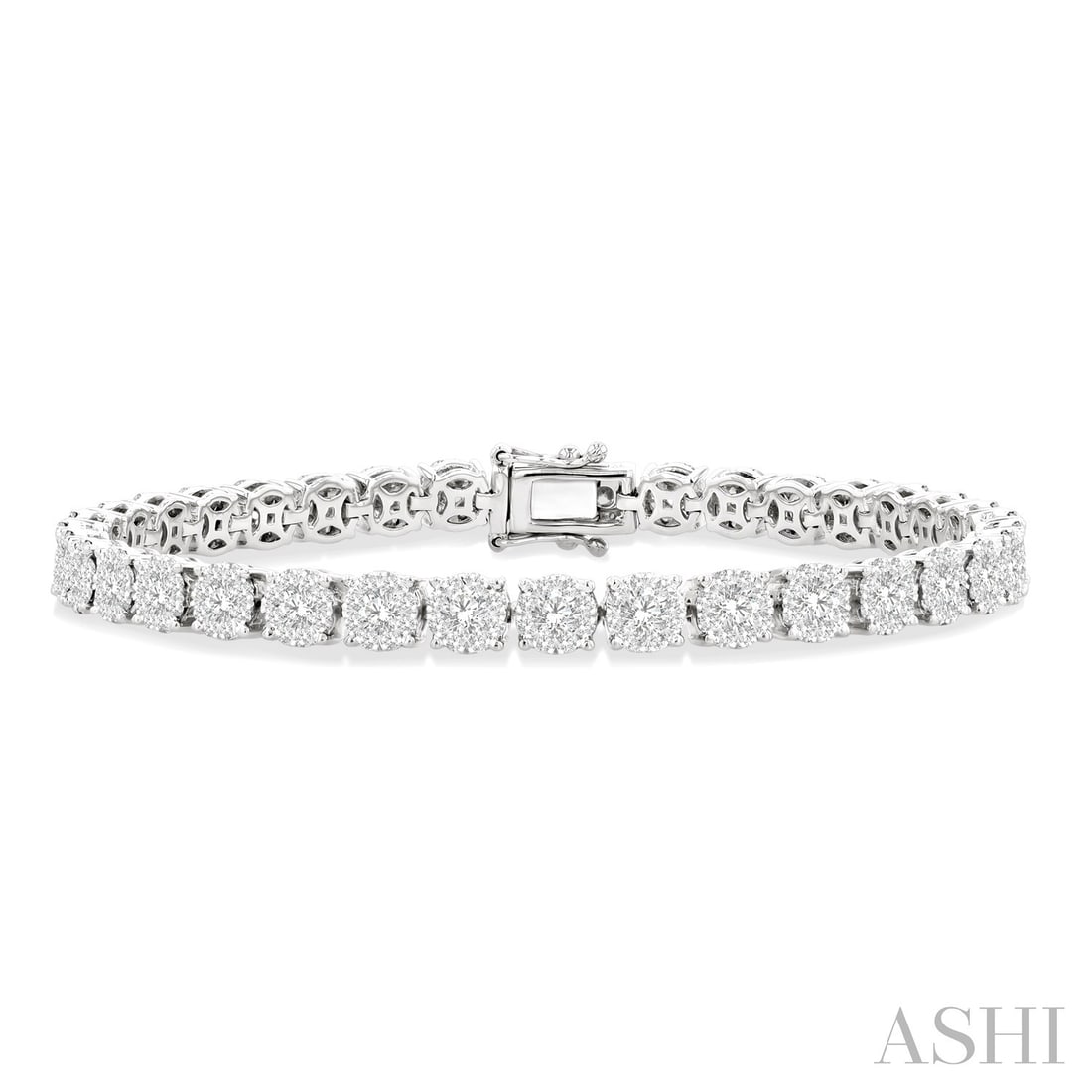 5.04 ctw Diamond Cluster 14K White Gold Tennis Bracelet: Exuding opulence and grace, this breathtaking Cluster bracelet featuring White Diamond is crafted for the distinguished. Crafted with precision, the Cluster setting is seamlessly integrated into 15.3 