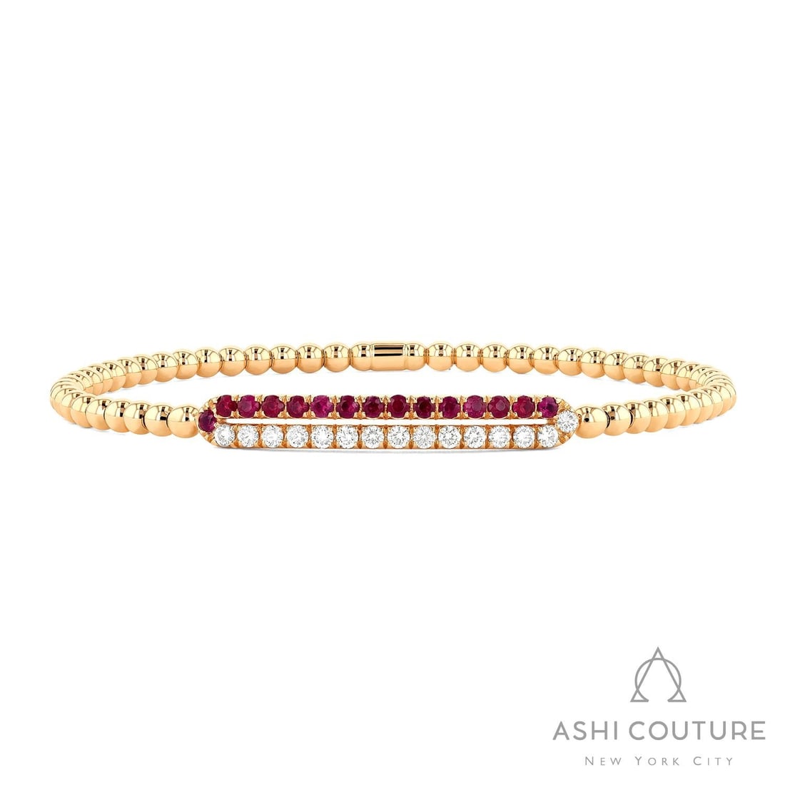 6.5" Ruby and 0.45 ctw Diamond 18K Yellow Gold Stretch Bracelet: A vision of luxury, this stunning Gold Bead bracelet featuring Ruby, White Diamond defines sophistication. Expertly mounted in a Bar setting, the bracelet is crafted in 6.95 grams of solid 18K Yellow 