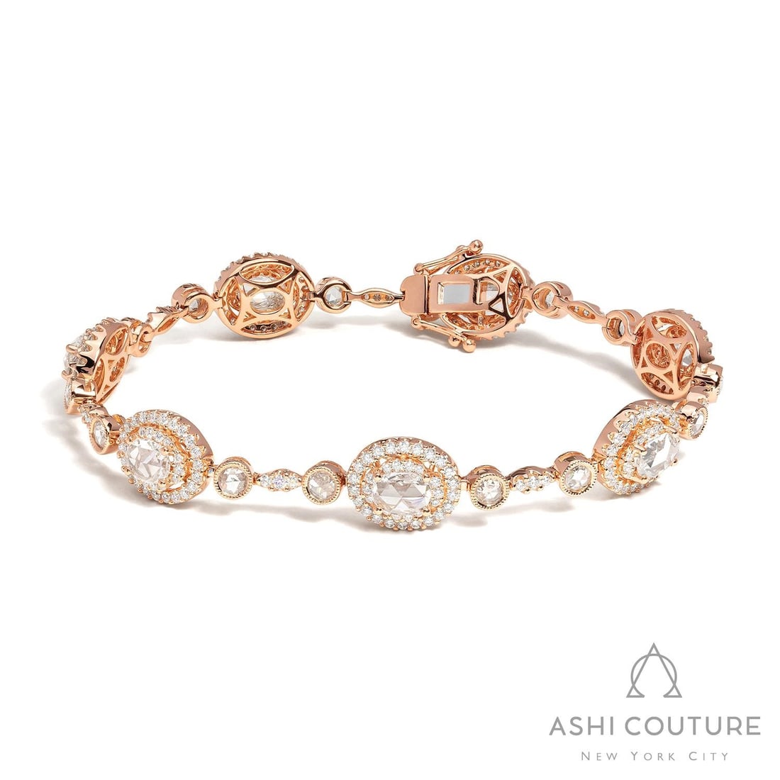 6.05 ctw Diamond Mademoiselle Floral 18K Rose Gold Bracelet: Exuding opulence and grace, this magnificent Floral bracelet featuring Natural Diamonds is crafted for the distinguished. Showcasing the gems in a Halo arrangement, the bracelet consists of 16.75 gram