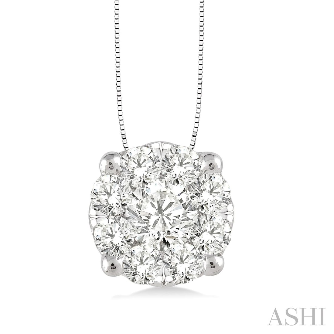 0.51 ctw Diamond Cluster Pendant 14K White Gold: Epitomizing grandeur, this elegant Cluster necklace featuring White Diamond stands as a beacon of refined taste. Showcasing the gems in a Cluster arrangement, the necklace consists of 1.25 grams of 14
