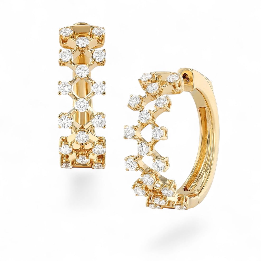 0.95 Ctw Silk Mesh Hoop White Diamond Modern 18K Yellow Gold Earrings - Certified: Exuding opulence and grace, this stunning Silk Mesh Hoop pair of earrings featuring Natural Diamonds is crafted for the distinguished. Showcasing the gems in a Shared Prong arrangement, the earrings c