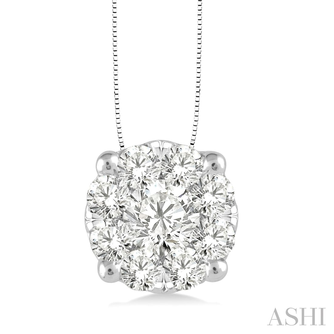 0.78 ctw White Diamond Cluster 14K White Gold Pendant: Exuding opulence and grace, this stunning Cluster pendant featuring Natural Diamonds is crafted for the distinguished. Showcasing the gems in a Cluster arrangement, the pendant consists of 1.5 grams o