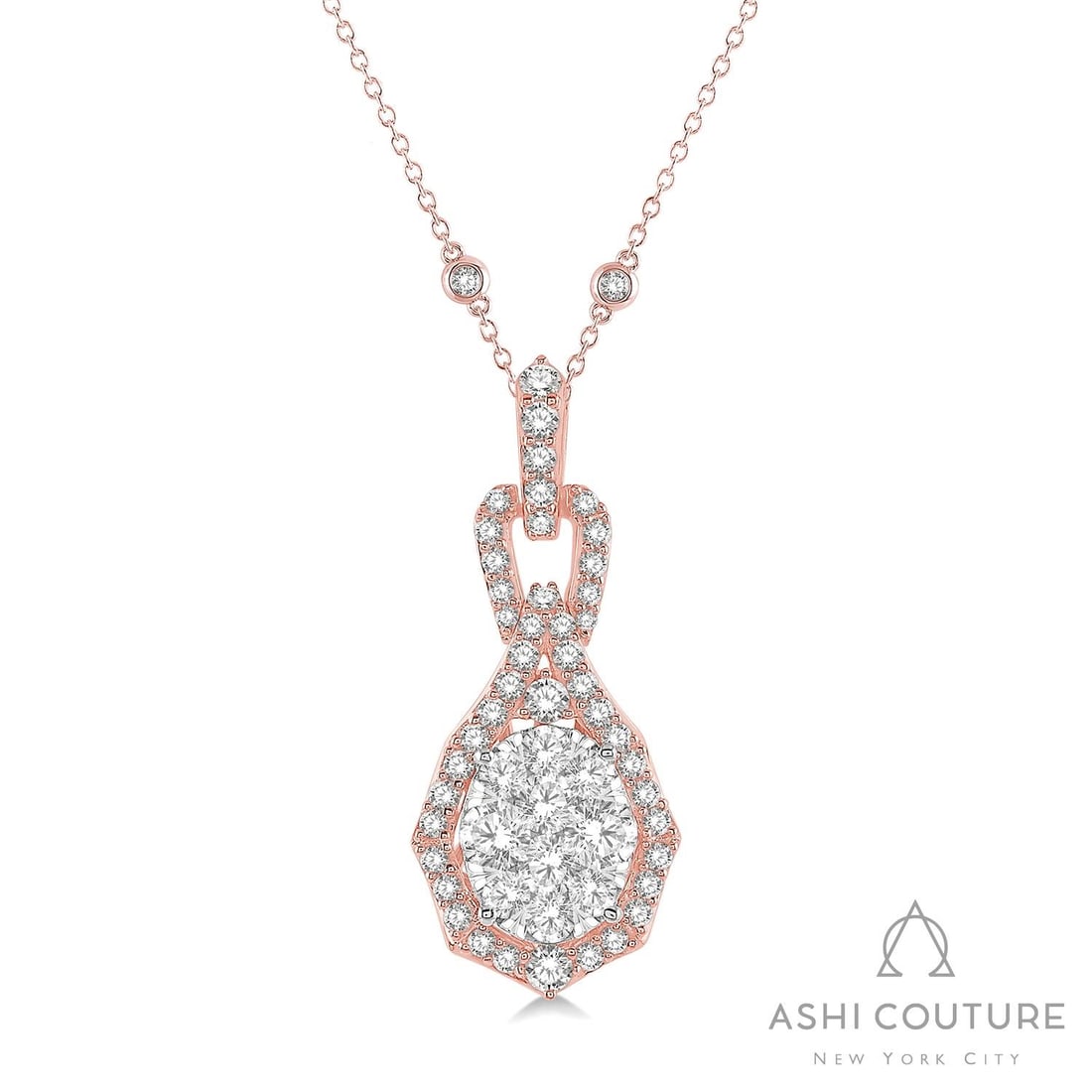 1.33 ctw White Diamond Intertwined Cluster 18K Rose & White Gold Pendant: An exquisite masterpiece of haute joaillerie, this Intertwined Cluster pendant necklace featuring White Diamond is a true treasure. Crafted with precision, the Halo setting is seamlessly integrated in