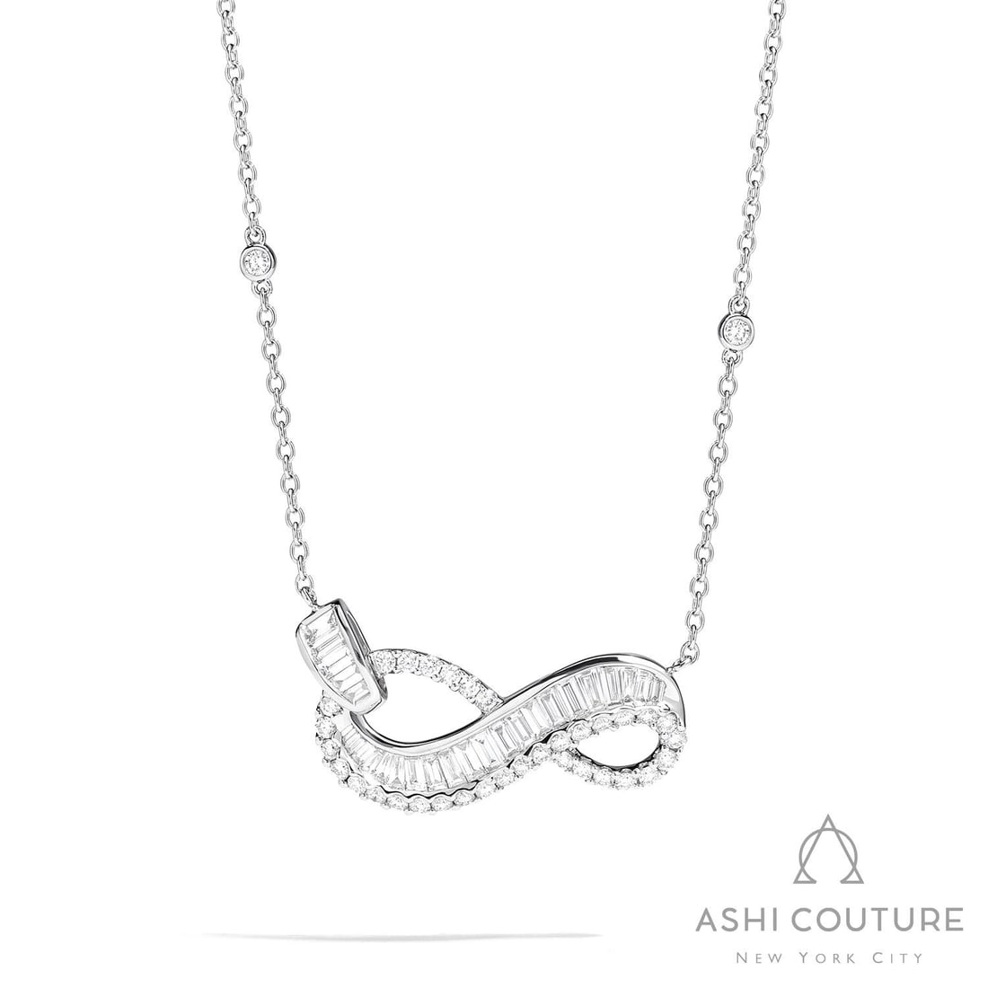 1.73 ctw Baguette & Round Diamond Infinity 18K White Gold Pendant Necklace: A testament to superior craftsmanship, this breathtaking Infinity Love pendant necklace featuring White Diamonds is unparalleled. Crafted with precision, the Mixed Setting setting is seamlessly integr