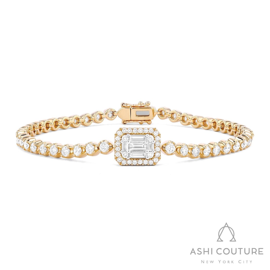 3.16 ctw Baguette & Round Diamond 18K Yellow & White Gold Bracelet: Timeless and sophisticated, this magnificent Solitaire bracelet featuring White Diamond radiates enduring beauty. Expertly mounted in a Cluster/Bezel-Set Links setting, the bracelet is crafted in 11.8