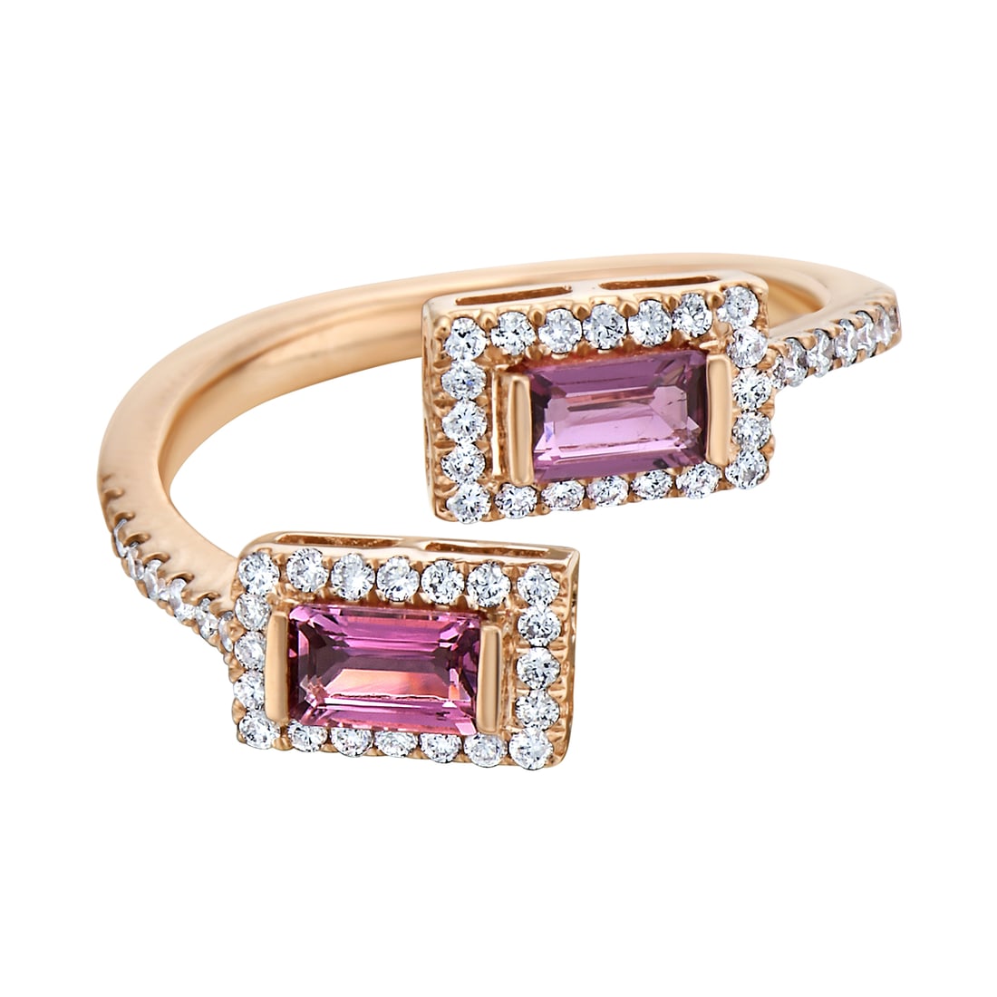 14k Rose Gold Ring with Pink Tourmaline and Diamond Halo: A testament to superior craftsmanship, this exquisite ring features vibrant pink Tourmaline stones, totaling 0.57 carats. Each stone is elegantly framed by a halo of round white Diamonds, with a total