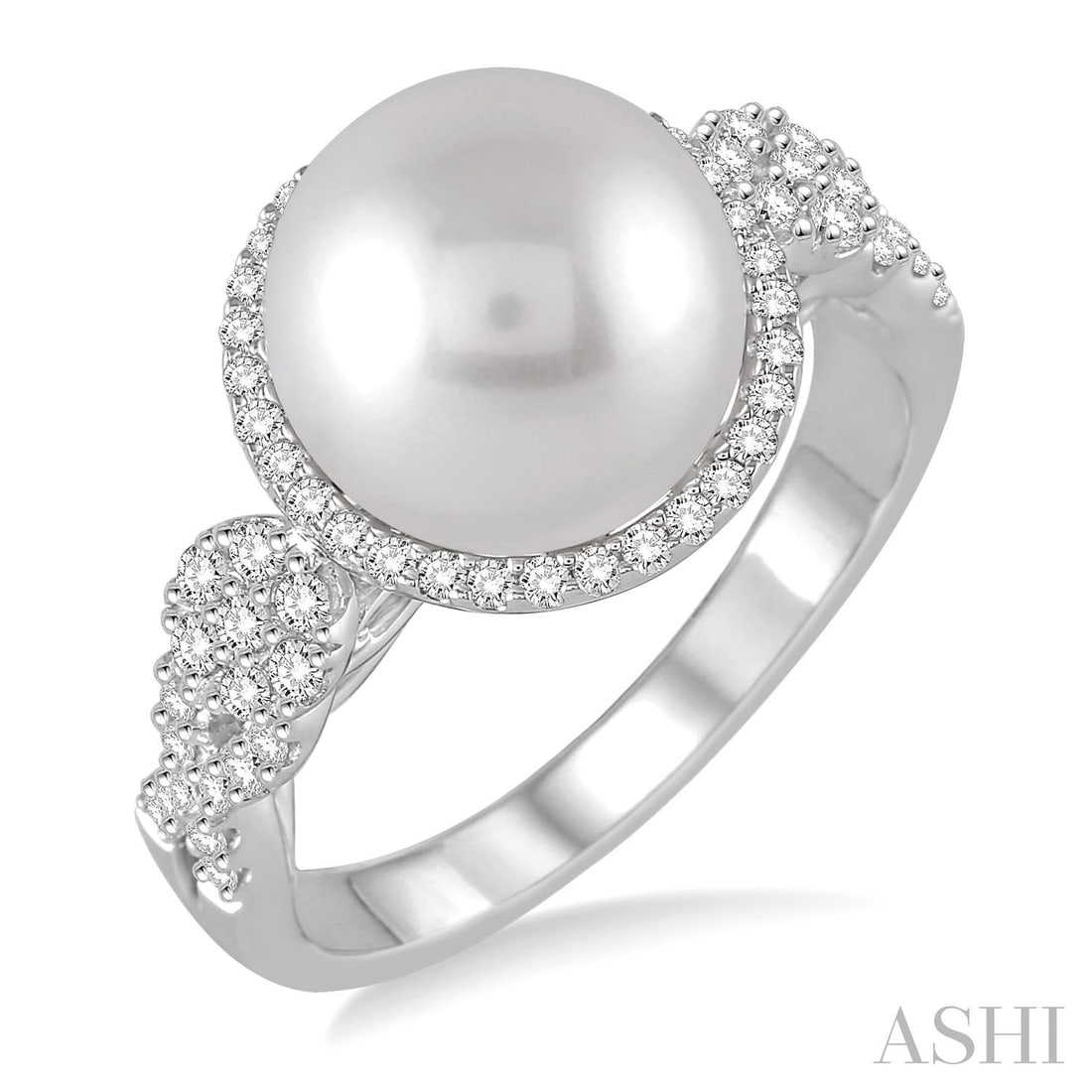 10mm Cultured Pearl and 0.38 ctw Diamond 14K White Gold Ring: A vision of luxury, this magnificent Halo ring featuring Cultured Pearl, White Diamond defines sophistication. The gemstones are nestled within a Halo framework, supported by a substantial 3.9 grams 1