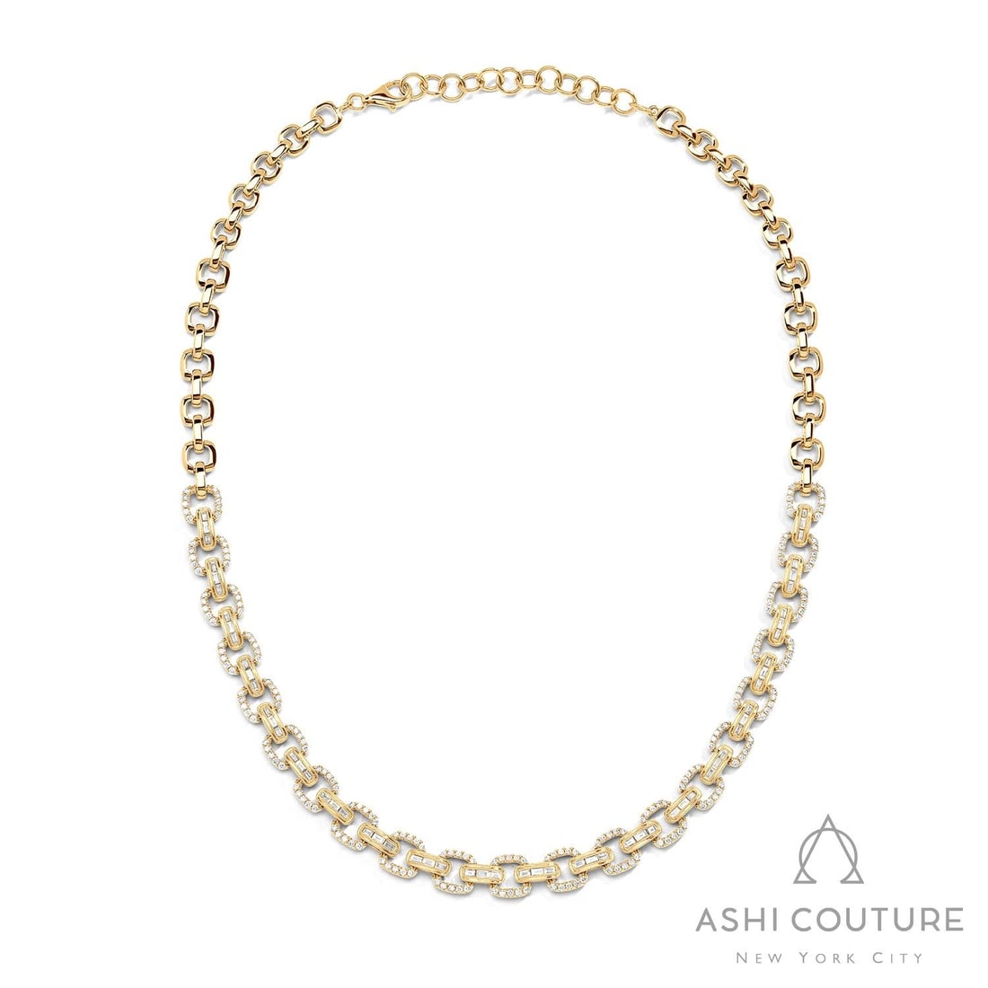 4.08 ctw Baguette & Round Diamond Linq Link 18K Yellow Gold Necklace: An exquisite masterpiece of haute joaillerie, this breathtaking Linq Link necklace featuring White Diamonds is a true treasure. Showcasing the gems in an Articulated Link Chain arrangement, the neckla