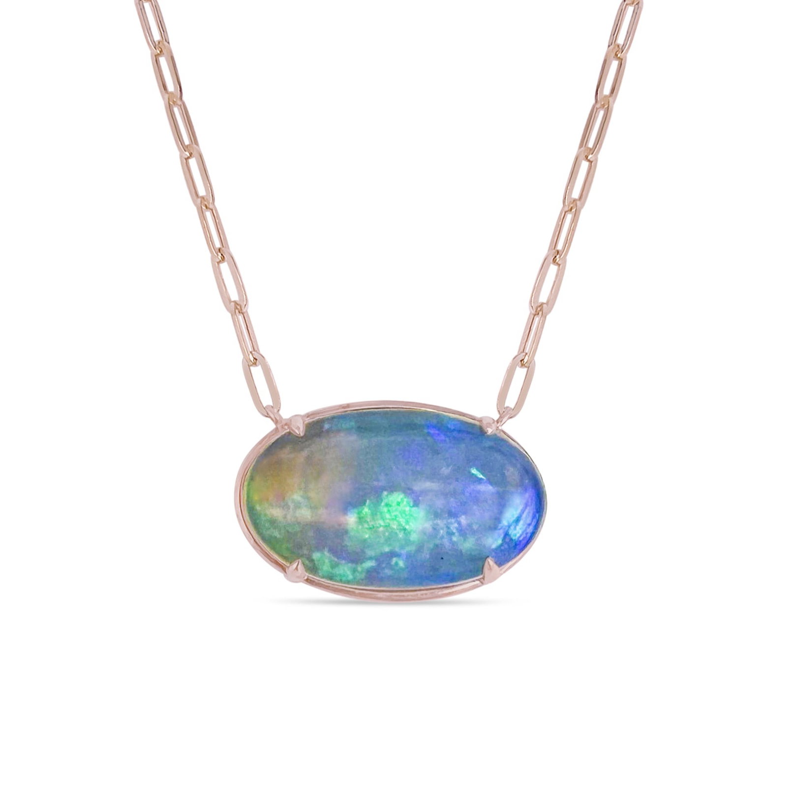 14.45ct Oval Opal Bezel Pendant 14K Rose Gold Necklace: Exuding opulence and grace, this elegant Oval Opal Bezel necklace featuring Opal is crafted for the distinguished. A detailed Bezel gallery secures the stones, rendered in 7.54 g of lustrous 14K Rose 