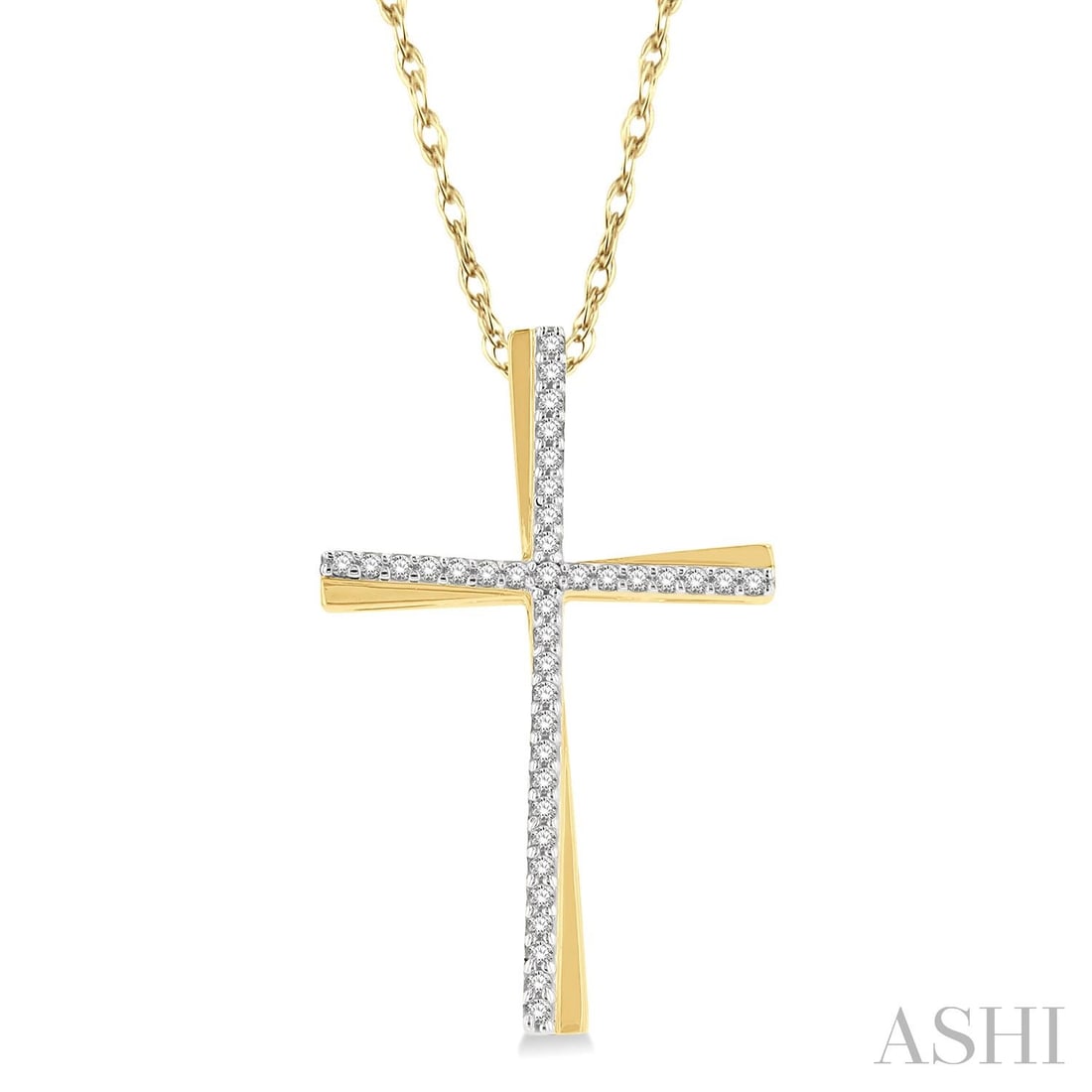 0.15 ctw White Diamond Cross Pendant 10K Yellow Gold: A symphony of light and color, this exquisite Cross pendant featuring White Diamond embodies the pinnacle of luxury. Expertly mounted in a Line Setting setting, the pendant is crafted in 1.6 grams of 