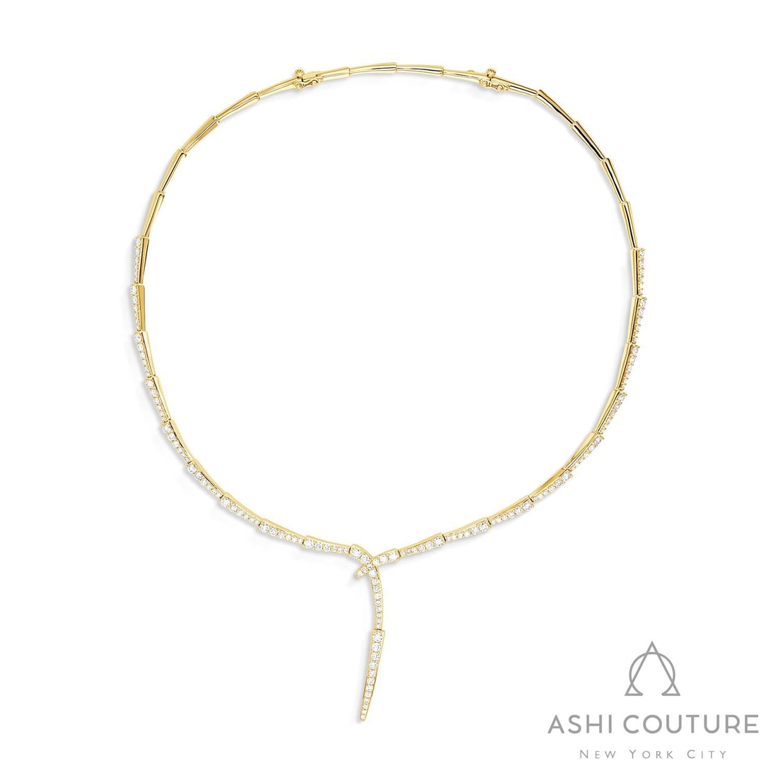 5.74 ctw White Diamond Dagr Meander 18K Yellow Gold Necklace: A symphony of light and color, this breathtaking Dagr Meander necklace featuring Natural Diamonds embodies the pinnacle of luxury. Expertly mounted in a Lariat setting, the necklace is crafted in 29.5