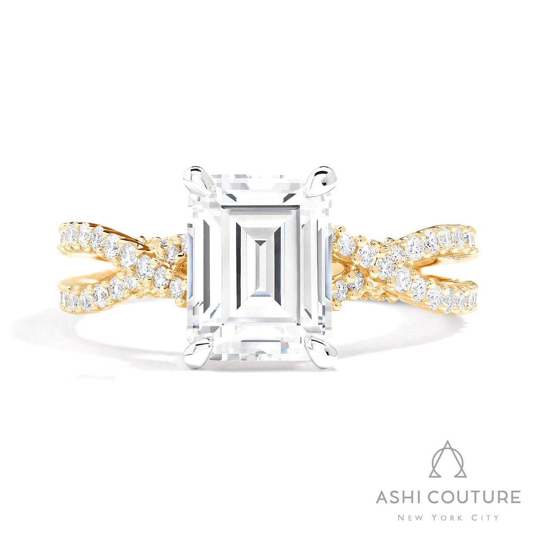 0.69 ctw Diamond Bypass Emerald Cut 18K Yellow & White Gold Engagement Ring: Rare and radiant, this breathtaking Bypass ring featuring Natural Diamonds offers a touch of the extraordinary. Showcasing the gems in a Bypass arrangement, the ring consists of 4.4 grams of 18K Yello