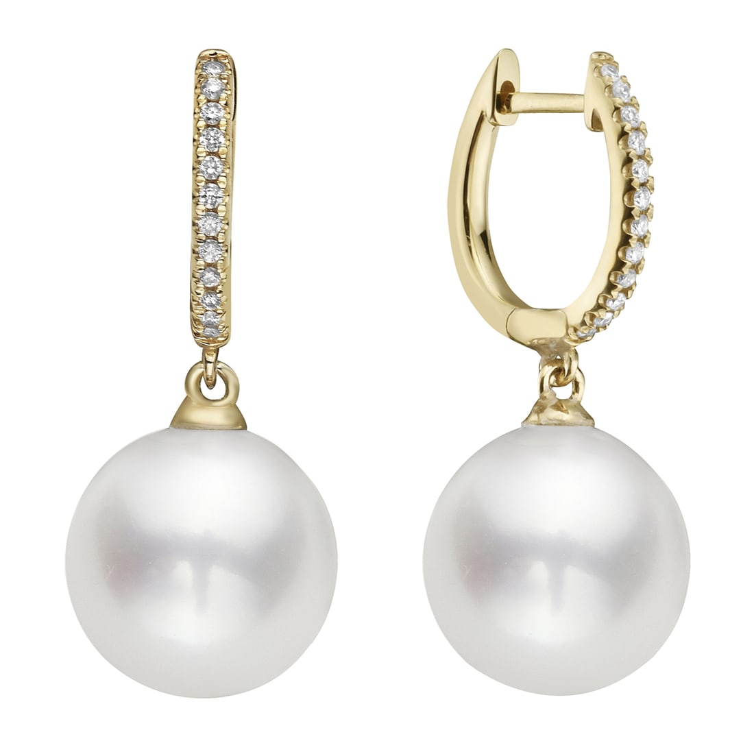 14K Gold Dangle Earrings with Diamonds and Freshwater Pearls: Elegant and refined, this exquisite pair of dangle earrings features a harmonious blend of diamonds and pearls. The earrings are crafted from polished 14K yellow gold, showcasing a modern design. Each