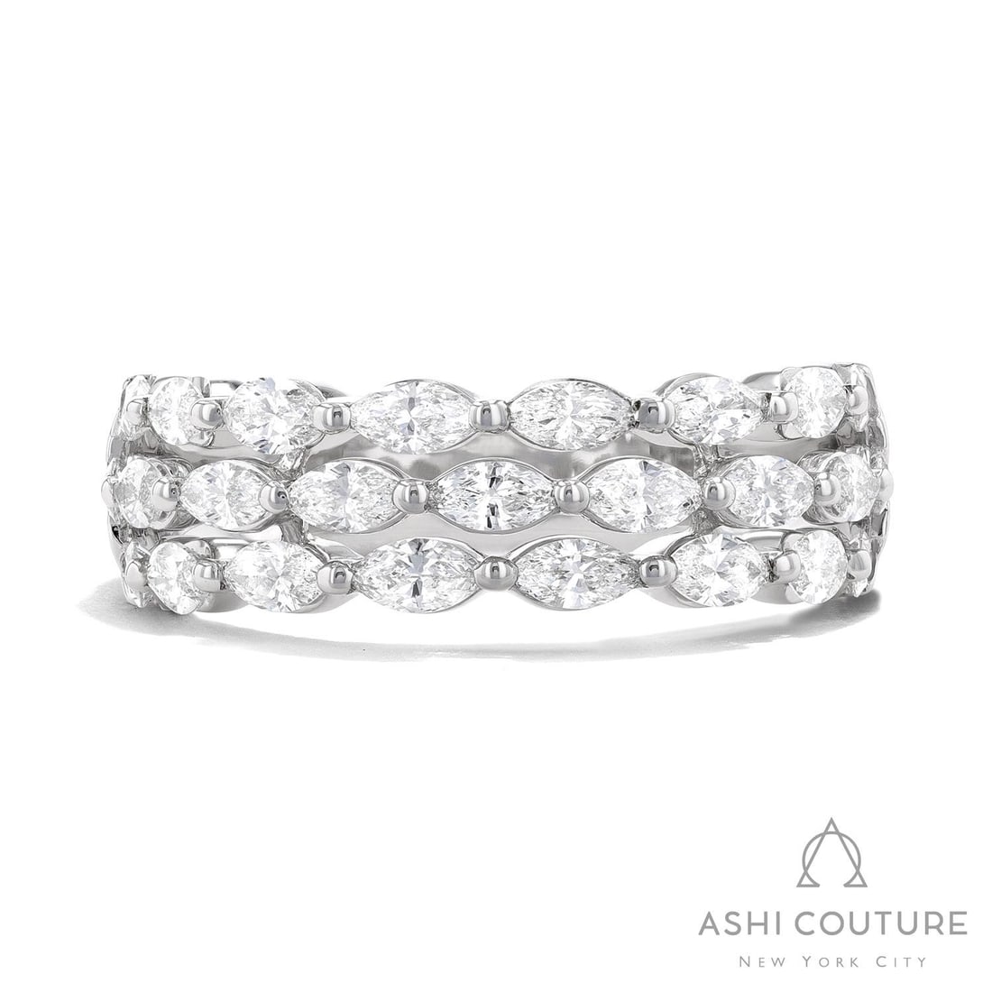 1.50 ctw Marquise Diamond Duchess 3-Row 18k White Gold Band Ring: Retail Value: $10,020 Exuding opulence and grace, this magnificent Duchess 3-Row Marquise Band ring featuring White Diamond is crafted for the distinguished. Securely held in a classic Three-Row Band 