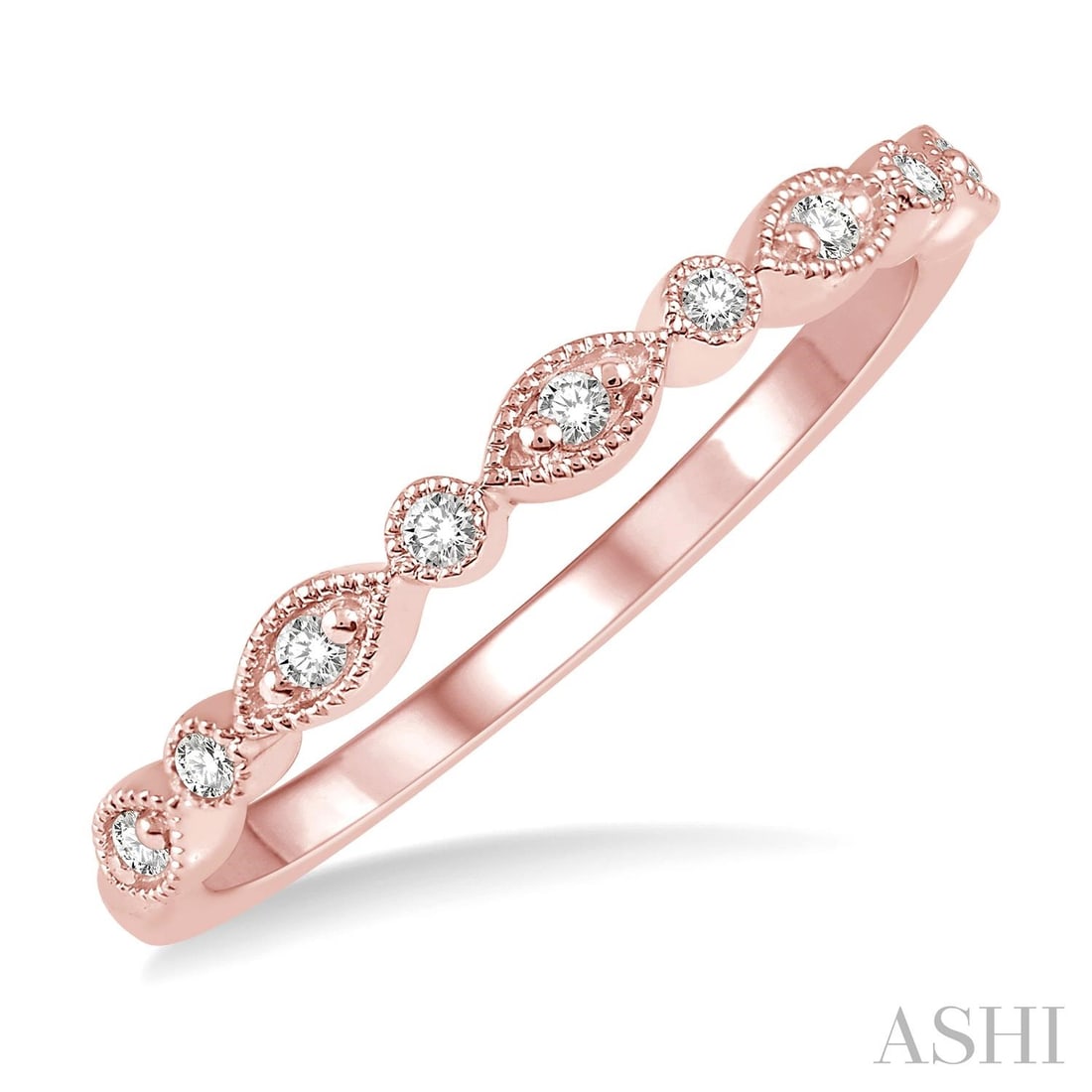 0.10 ctw Diamond Accent 14K Rose Gold Stackable Band Ring: An exquisite masterpiece of haute joaillerie, this elegant Lattice Marquise ring featuring Natural Diamonds is a true treasure. A detailed Band gallery secures the stones, rendered in 1.95 grams of lu