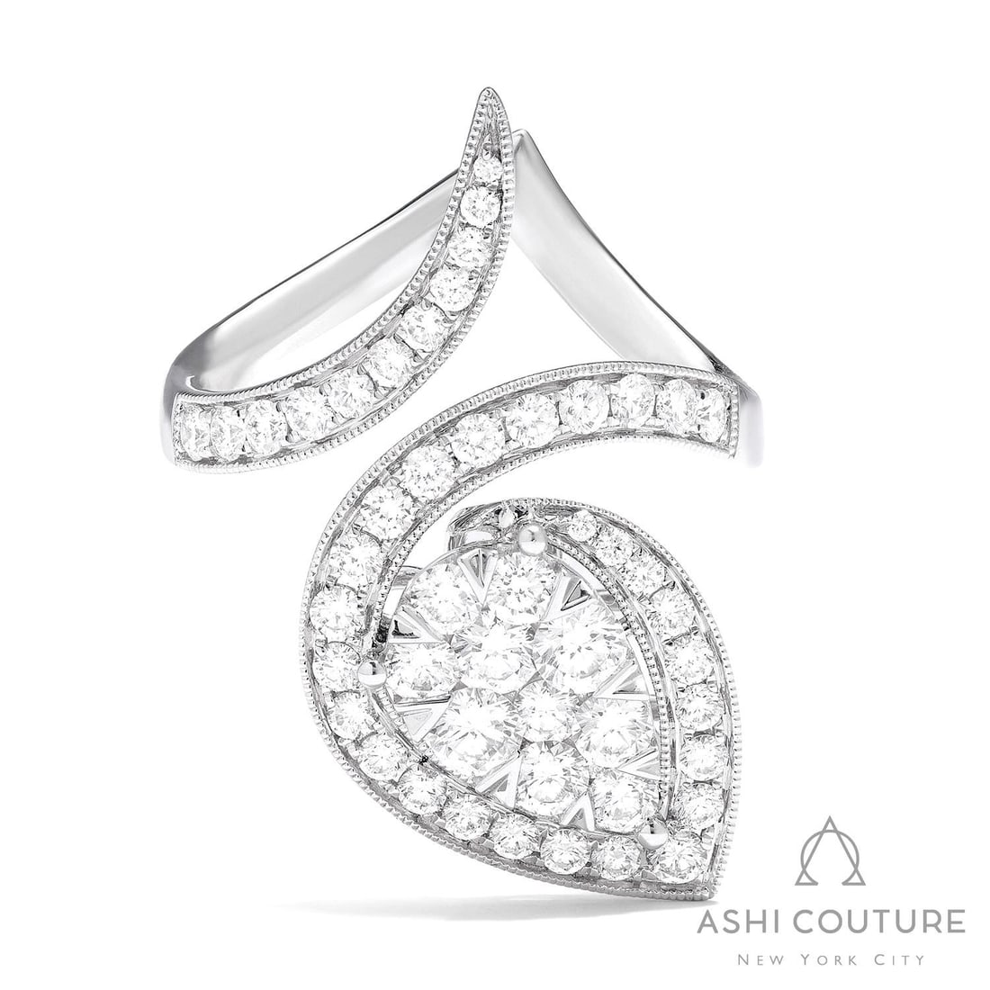 1.50 ctw Diamond Fiori Pear Avant-Garde Cluster 18K White Gold Ring: A testament to superior craftsmanship, this exquisite Cocktail Cluster Ring featuring White Diamonds is unparalleled. A detailed Cluster gallery secures the stones, rendered in 6.9 grams of lustrous 1