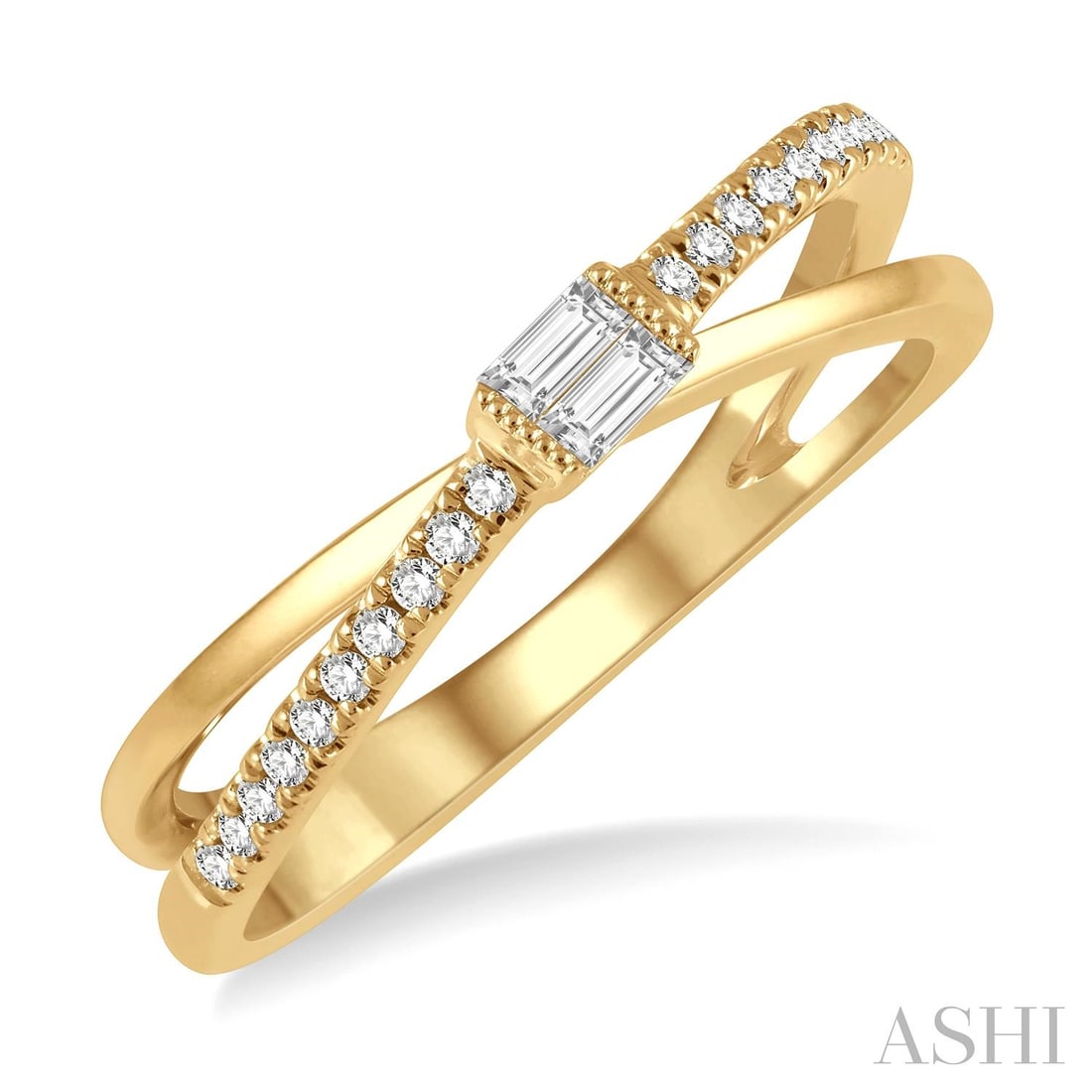 0.17 ctw Baguette and Round Diamond Criss Cross 14K Yellow Gold Ring: Exuding opulence and grace, this elegant Criss Cross ring featuring Natural Diamonds is crafted for the distinguished. A detailed Crossover Band gallery secures the stones, rendered in 2.55 grams of l