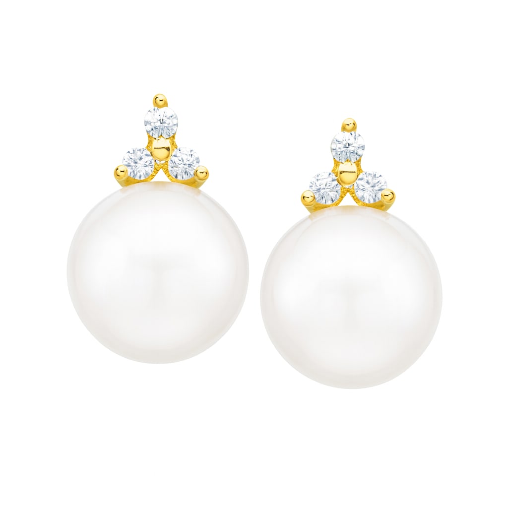14K Yellow Gold Earrings with Freshwater Pearls and Diamonds: Elegant and refined, these exquisite earrings feature lustrous Freshwater Pearls, complemented by sparkling Diamonds. The Diamonds, with a total carat weight of 0.12, are set in a secure prong design,