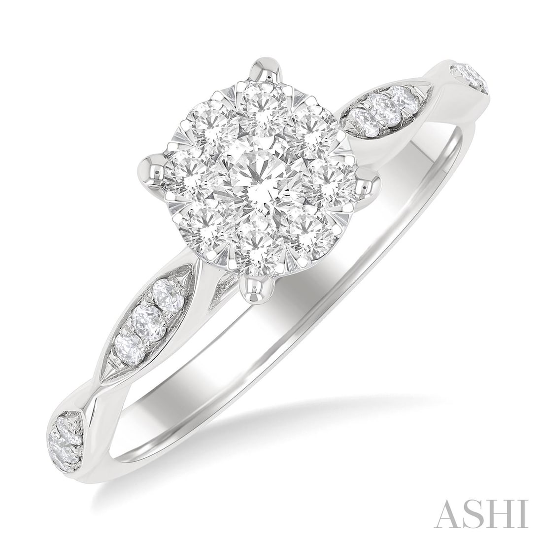 0.50 ctw Diamond Cluster Carved 14K White Gold Engagement Ring: Captured in a moment of brilliance, this breathtaking Cluster Marquise Carved ring featuring Natural Diamonds speaks to the connoisseur. Expertly mounted in a Cluster/Illusion Head with Twisted Shank 