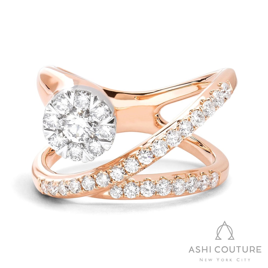 0.93 ctw White Diamond Fiori Cluster 18K Rose & White Gold Ring: Rare and radiant, this exquisite Fiori Ethereal Fashion Cluster ring featuring White Diamond offers a touch of the extraordinary. A detailed Cluster gallery secures the stones, rendered in 7.85 grams 